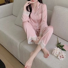 HAM여성 레이스 파자마 긴팔 실크 잠옷 세트