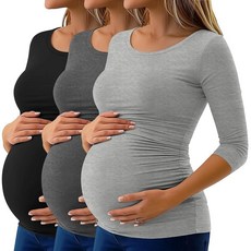 Ficerd 3 Pack Women's Maternity Tops 3/4 Sleeve Side Ruched Tunic Pregnancy Shirts Clothes for Women