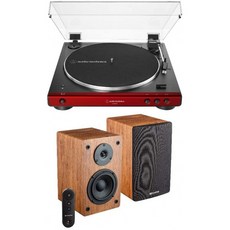Audio-Technica AT-LP60XBT 블루투스 스테레오 턴테이블 (빨간색) 번들 Knox Gear 전원 블루투스 북쉘프 스피커 포함 (2 품목, 단일옵션