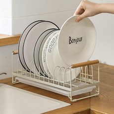 주방 우드 물빠짐 수납 건조대 그릇정리대 접시꽂이, 크림, 1개