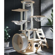  캣휠 캣타워 워커 고양이 숨숨집 해먹 스크래쳐 원목, 머신/원목 기둥/싱글 캐빈 