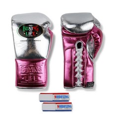 NoBoxingNoLife 소가죽 복싱 글러브 킥복싱 무에타이 격투기 권투 장갑, 14온스, 실버+로즈 레드