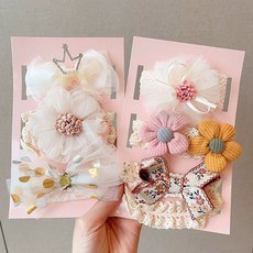 여아용 아기 머리띠 세트 여아 아기용 부드러운 공주 헤어 액세서리 선물 편안한 디자인 패션, 베이지+핑크옐로우 꽃 6종세트고급선물박스형
