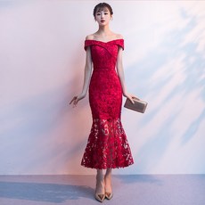 권주복 신부 통큰 와인레드 색깔 여성 무드 여왕 레이스 오픈숄더 머메이드 결혼 옷 여름