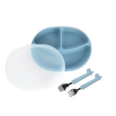 에디슨 스스로 실리콘 흡착 식판 + 실리콘 기린 스푼 포크, 블루, 흡착식판 + 뚜껑 + 스푼 + 포크