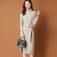 터틀넥 니트 원피스, 베이지, 프리사이즈