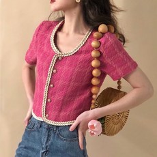  여성 노카라 반팔 트위드 자켓 진주 단추 용과 배색 여름자켓 