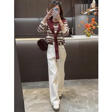 [광선]가을 여성 레이어드 투피스 상의 가 목적 패션 스트라이프 대비 양복 조끼 스웨터