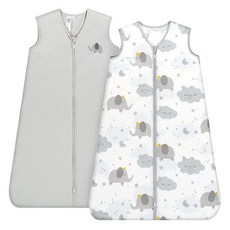 TILLYOU Sleep Sack 6-12개월 - 0.5 TOG 아기 웨어러블 담요 양방향 지퍼 매우 부드러운 면 민소매 침낭 2팩 그레이 그로운, 회색 코끼리 및 구름