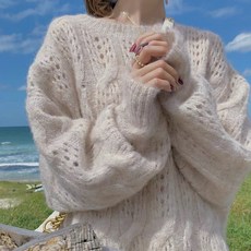 부드러운 와이드 루즈핏 풀오버 후드 무드 스웨터 가을 스윗 펀칭 모헤어니트 여성