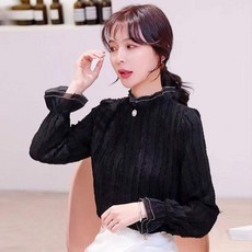 여성블라우스남방 쉬폰 상의 2022 봄계절 이너웨어 긴팔 스윗 레이스 반팔셔츠 5001670803, 1개, L