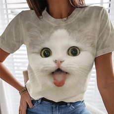 여성 인싸 러블리 고양이 3D 프린트 스판 라운드 반팔티 루즈핏 빅사이즈 면티 오버핏