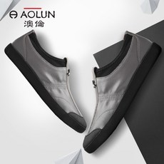 aolun 호주 론 남자 신발 스니커 즈 캐 주 얼 화 한국 판 리 가죽 통기 성 슬립 온 패션 커버 발 운동 회색 덧신 43 야드