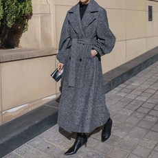 헤링본 롱 모델 여성스러운 허리 라인 벨트 모직 데일리 코트