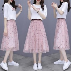 [하나비] 떵부헹 여성 여름 면티셔츠 신축성 도트 메쉬 스커트 비지블멍 투피스세트