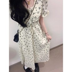 ANYOU 여름 퍼프 소매 잔꽃 원피스 롱 원피스 바캉스룩