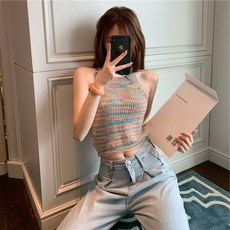 홀가먼트니트 여름시즌 2020년 짧은소매 상의 하이웨스트 T타이트한티셔츠 이너셔츠 여성날씬해보이는 가디건 민소매 목에거는 조끼