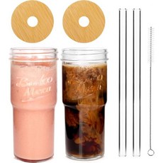 뚜껑과 빨대가 있는 ANOTION 유리컵 4팩 24oz 여행용 커피 머그 넓은 입 메이슨 항아리 아이스 컵 스무디 유리 텀블러 찻잔 투명 귀여운 물컵 마시는 유리잔, Classic 2 Cups Style, 4개