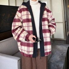 해피유통 남성 체크 모직 코트 투피스느낌 코트 후드 점퍼jh lmy