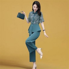 꽃소담 여성 여름 슬림핏 반팔 블라우스 바지 상하세트 QQA1084