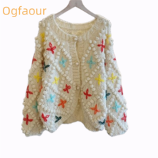  Ogfaour 자수완제품 복고 일본스타일 중공 꽃송이 자수 수공 털옷 여자외투 루즈핏 아우터 가디건 