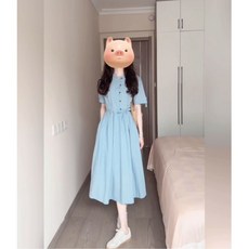 수유 원피스 여름 외출복 드레스 하늘색 셔링 허리 라인