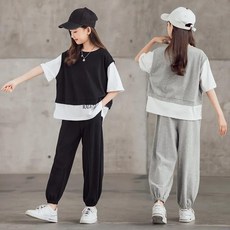 여아 세트 레이어드 반팔 티셔츠 조거 롱팬츠 투피스 오버핏 빅사이즈 트레이닝복
