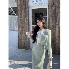 자켓 민소매 라운드넥 코디세트 노카라 긴팔 트위드스타일 롱원피스 그린 코트 S