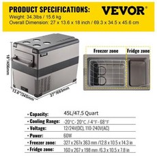 VEVOR 캠핑용 미니 냉장고 냉동고 휴대용 압축기 쿨러 아이스 박스 12 24V DC 110-240V 20L 22L 35L 45L 55L, [04] 45L