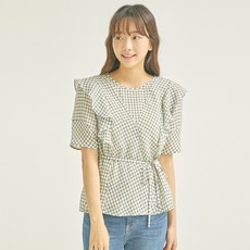 로엠 체크 프릴 블라우스 베이지 네이비 RMBLB26R11