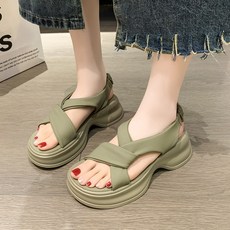 POMTOR 여름 여성용 스트랩 신발 쿠션 통굽 샌들 5cm
