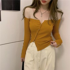 히또리 사선 단추 숄더 시스루 컬러 배색 니트 가디건