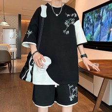 빅사이즈 캐주얼 트레이닝세트 여름 남성용 아이스 반팔 반바지 멋진룩 프린트 운동복