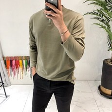 더메이드샵 느낌있는 원버튼 헨리넥 긴팔 티셔츠