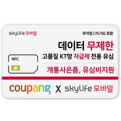 NFC유심-KT skylife모바일 유심비지원 사은품 알뜰폰 자급제 LTE/5G 갤럭시/Z플립/아이폰 15 사용가능 kt skylife