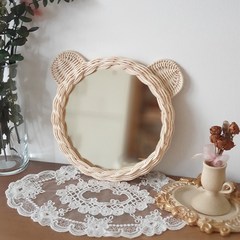 곰돌이 라탄 거울/ 아이방 거울/ 인테리어 거울(D20cm), 자연색