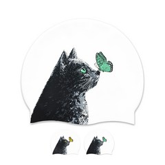고양이 나비 제작 디자인수모 실리콘 수영모 고양나비 일러스팅수모, 에메랄드그린