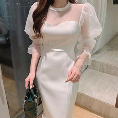 [랜덤플레이] 벌룬 퍼프 시스루 소매 파티룩 드레스