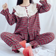 데코라멘 간절기 고급 프릴 체크 투피스 여성잠옷 파자마 홈웨어