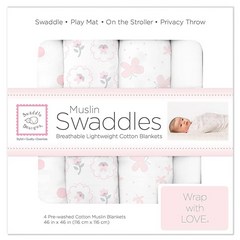 SwaddleDesigns 면 모슬린 포대기 담요 4개 세트 파스텔 핑크 버터플라이 및 포지스와들디자인, Butterflies & Posies_4 pack