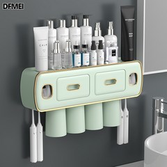 DFMEI 벽걸이 화장실 수납 자동 치약 짜는 기계 아이디어 칫솔 선반 타공프리 다용도 칫솔걸이, 녹색, 칫솔 홀더 두 개