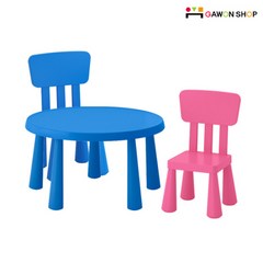 이케아 MAMMUT 원형테이블 + 등받이의자2개 세트/유아책상/유아, 의자색상:핑크1개 화이트1개