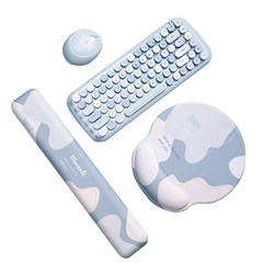RUN 기술 3D 메모리폼 마우스 패드 팜레스트 + 키보드 손목 받침대 세트 게이밍 컴퓨터 사무용 보호 쿠션, 원형 블루