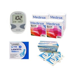 메디니아 혈당측정기+당뇨시험지100매+란셋침110개+알콜솜100매, 메디니아측정기+시험지200+침110+솜100매