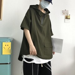 엔티랄라 남자 상의 빅 사이즈 후드의 반팔 티셔츠 일본식 스타일 반집업 디자인 캐주얼한 바람막이 스타일리시한