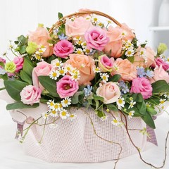 99플라워 (당일수령) 미소담은 꽃바구니 [ST-A2005] 기념일 선물 꽃 장미 꽃배달서비스 당일배송 꽃다발 꽃바구니 꽃상자, 혼합색상, 1개