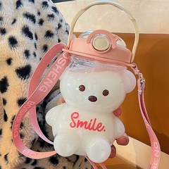 대용량 캐릭터 곰돌이 플라스틱 빨대컵 휴대용 멜빵 물통 여자 핸드폰 거치대 물컵, 투명색, 1400 마라, 1개