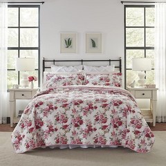 로라 애슐리 홈 | 리디아 컬렉션 | 럭셔리 프리미엄 울트라 소프트 퀼트 침대커버 편안한 3피스 침구 세트 사계절용 세련된 침대보 퀸 핑크