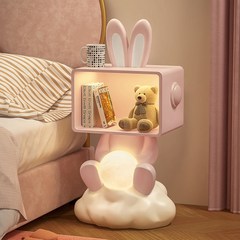 귀여운 토끼 수납함 침대 옆 사이드테이블 베드트레이 우주비행사 다용도 무드등 정리함 선물, 06.옐로우+3색 무드등