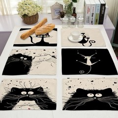 CNTCSM 식탁 테이블 매트 귀여운 검은 고양이 패턴 주방 음료 컵 받침 서양 패드 코튼 린넨 42x32cm 1 개, 22 2CDML001621